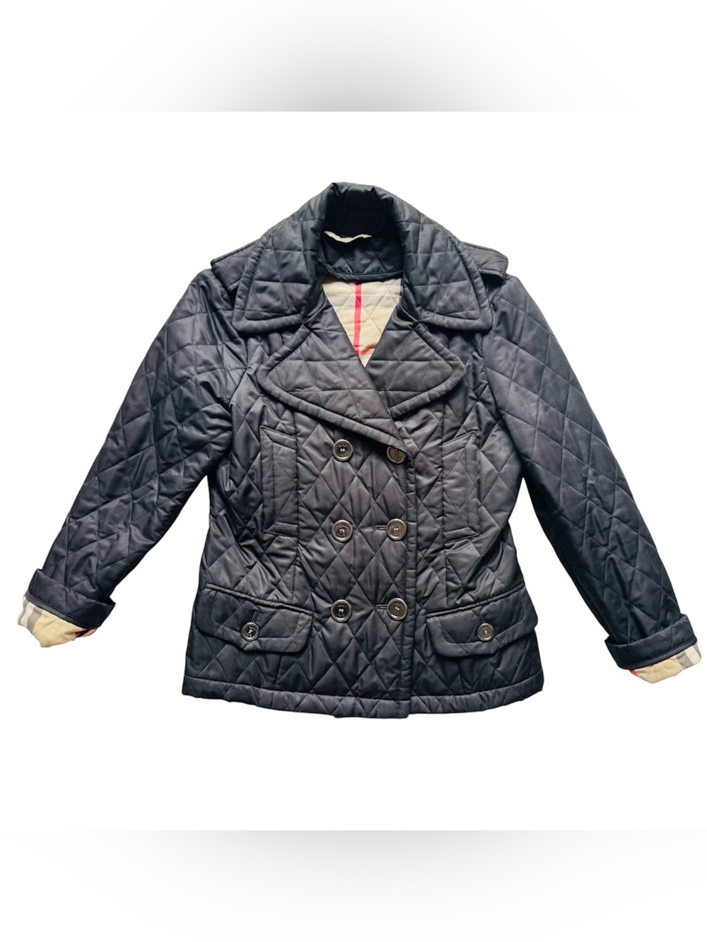Burberry London Double Breasted Diamond Quilted Nova Check Peacoat In Black